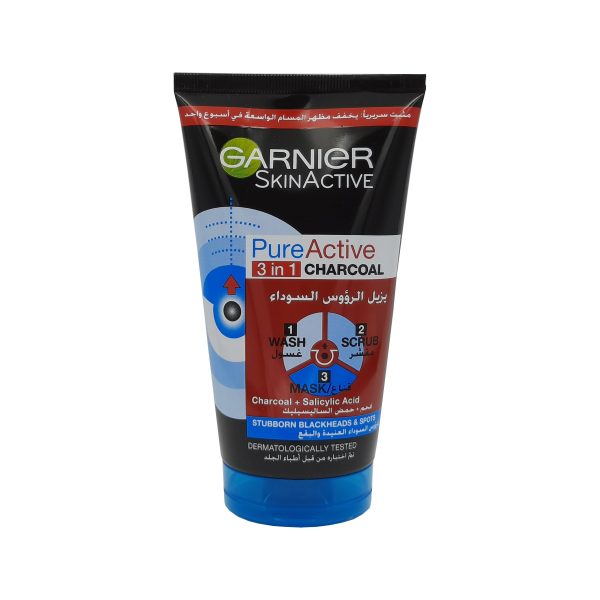 غارنييه غسول 3 في 1 يزيل الرؤوس السوداء بالفحم - GARNIER pure active 3 in 1 charcoal blackheads 150ml